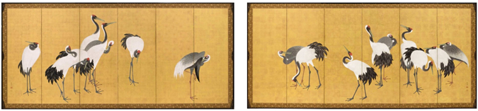 Maruyama Okyo, Cranes, 1772, Pair of six panel screens; ink, color, and gold leaf on paper; Mount 67 ¼ x 137 ¾ x ¾ in. each, Los Angeles County Museum of Art, Gift of Camilla Chandler Frost in honor of Robert T. Singer. Photo © 2012 Museum Associates / LACMA 